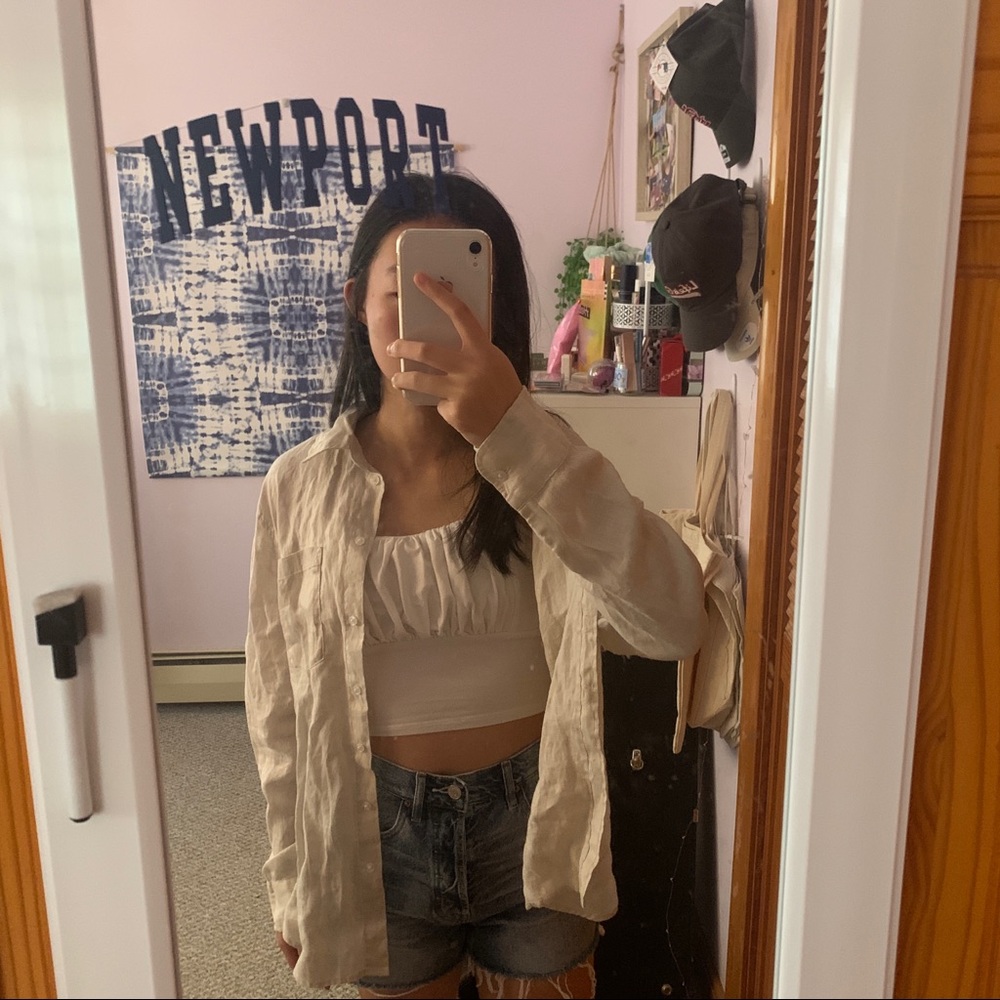 h&m beige linen button up